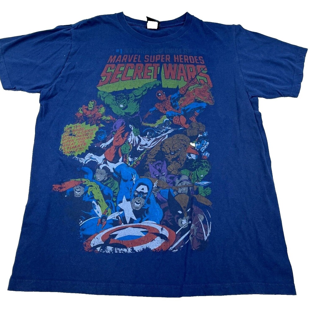 Marvel Mad Engine Shirt Men Large Blue Tee Secret Wars Hulk Spider Man America